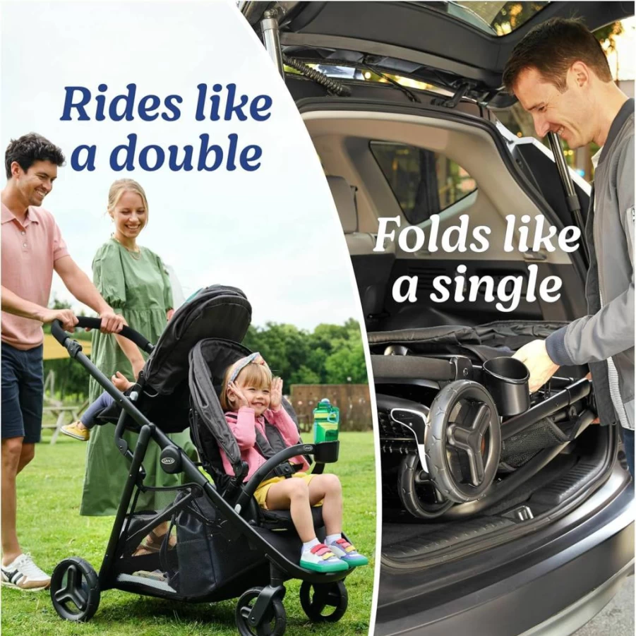 Graco Ready2Grow LX 2.0 Double Stroller with Bench Seat & Standing Platform – Clark Model for Versatile Child Transport