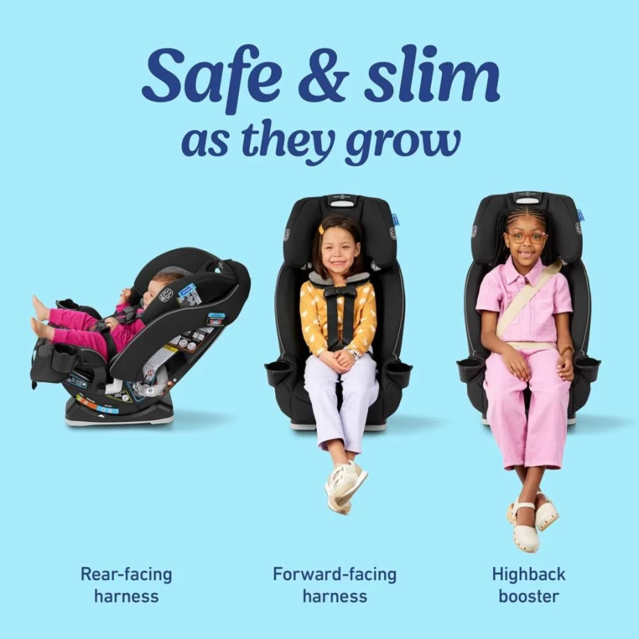 Graco Slimfit 3-in-1 Convertible Car Seat for Infants & Toddlers, Space-Saving Design, Rear-Facing & Forward-Facing to Booster, Adjustable 10-Position Headrest, Darcie Pattern