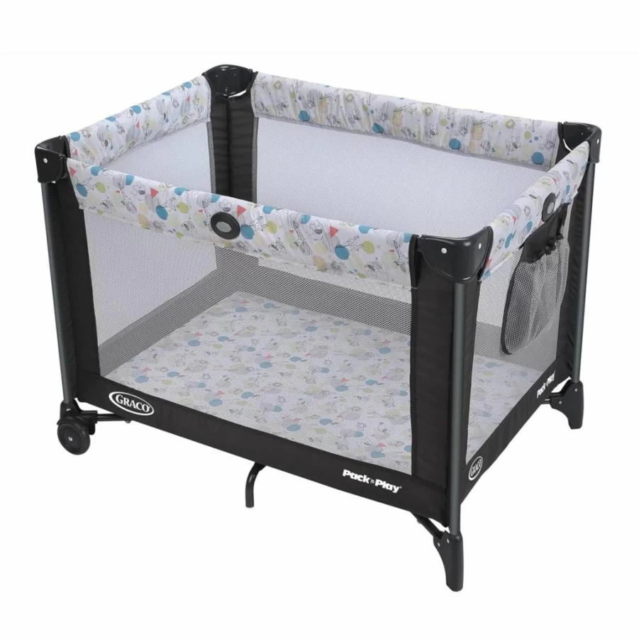 Graco Carnival Portable Playard with Push Button Compact Fold – Easy Travel Playpen for Babies