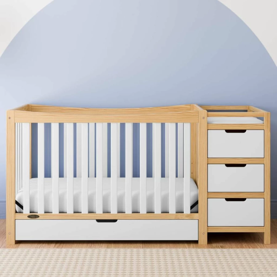 Graco Remi 4-in-1 Convertible Crib with Changing Table & Drawer, GREENGUARD Gold Certified, Includes Changing Pad, Converts to Toddler Bed, Daybed & Full Bed, Gray