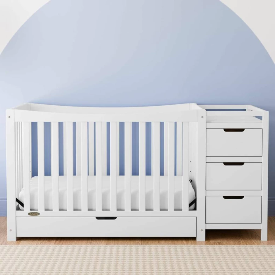 STORKCRAFT 4-in-1 Convertible Crib & Changer with Drawer - GREENGUARD Gold Certified, Includes Changing Pad, Converts to Toddler Bed, Daybed & Full Bed, White